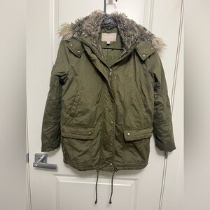 Banana Republic Women's Khaki Jacket with Faux Fur Hood in size XS